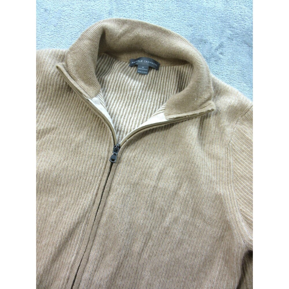 Amicale Cashmere Sweater Men's Size Medium Double Zip Beige Mock Neck